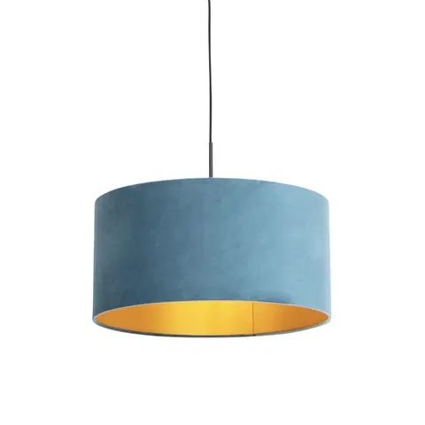 Zavesne lampy Závesná lampa s velúrovým odtieňom modrá so zlatou 50 cm - Combi