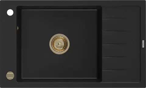 Kuchynské drezy MEXEN/S MEXEN/S - Elias granitový drez 1-miska s odkvapkávačom 795 x 480 mm, čierny, zlatý sifón 6511791005-77-G