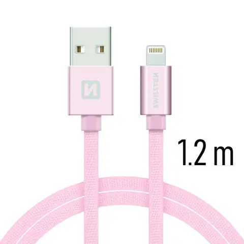 USB káble Dátový kábel Swissten textilný s Lightning konektorom a podporou rýchlonabíjania, ružovozlatý 71523205
