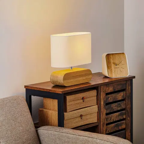 Lampy na nočný stolík BRITOP Stolná lampa Cassy, dubové drevo, biele látkové