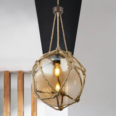 Závesné svietidlá Globo Sklenená lampa Tiko so sieťou hrdzavá Ø 30 cm