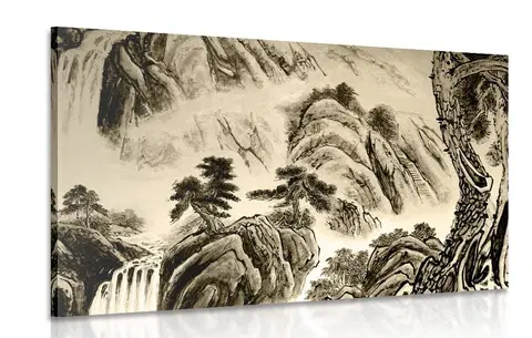 Čiernobiele obrazy Obraz čínska krajinomaľba v sépiovom prevedení