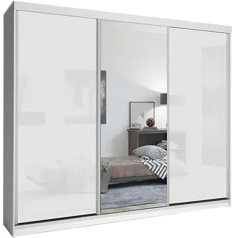 Spálňové šatníkové skrine Skriňa Lux 250 Biely/ 1 x Zrkadlo / 2 x Biely Lesk