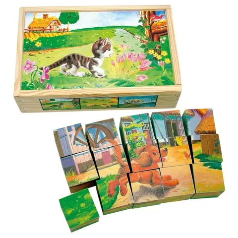 Drevené hračky Bino Obrázkové kocky Domáce zvieratá, 15 ks
