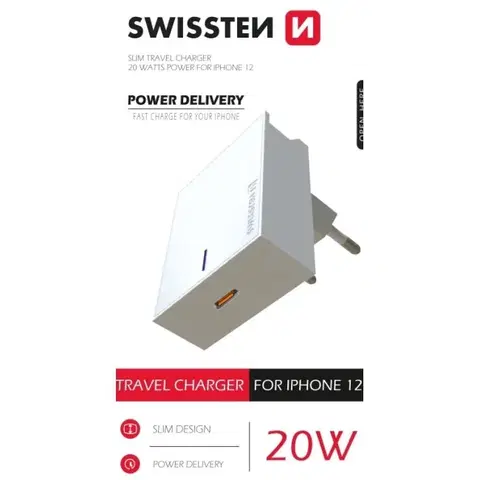 Nabíjačky pre mobilné telefóny Rýchlonabíjačka Swissten Power Delivery 20W s 1x USB-C pre iPhone 12, biela 22050600