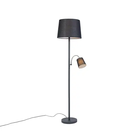 Stojace lampy Klasická stojaca lampa čierna s čiernym tienidlom a svetlom na čítanie - Retro