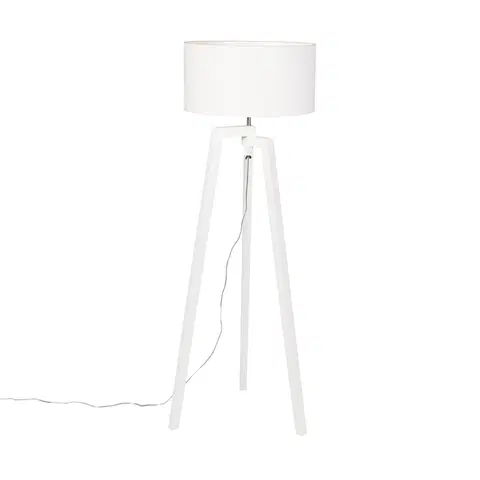 Stojace lampy Stojací lampa statív biele drevo s bielym tienidlom 50 cm - Puros
