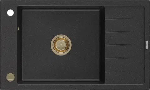 Kuchynské drezy MEXEN/S MEXEN/S - Elias granitový drez 1 s odkvapkávačom 795 x 480 mm, čierna / strieborný metalik, + zlatý sifón 6511791005-73-G