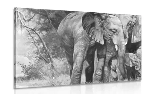 Čiernobiele obrazy Obraz slonia rodinka v čiernobielom prevedení