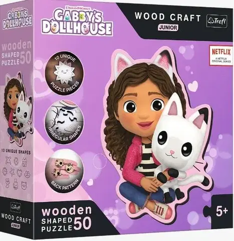Hračky puzzle TREFL -  Drevené puzzle Junior 50 dielikov - Gabi's Doll House / Gabby a jej mačiatko
