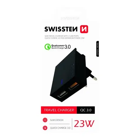 Nabíjačky pre mobilné telefóny Rýchlonabíjačka Swissten Qualcomm Charger 3.0 s 2 USB konektormi, 23 W, čierna 22049500