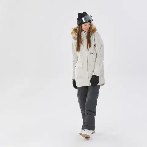 bundy a vesty Dámska dlhá bunda SNB 500 Ziprotec na snowboard béžová