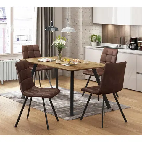 Jedálenské sety Jedálenský stôl BERGEN dub + 4 stoličky BERGEN hnedé mikrovlákno