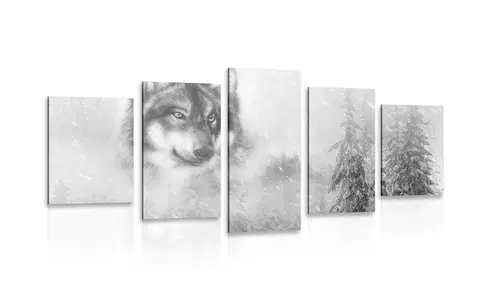 Čiernobiele obrazy 5-dielny obraz vlk v zasneženej krajine v čiernobielom prevedení