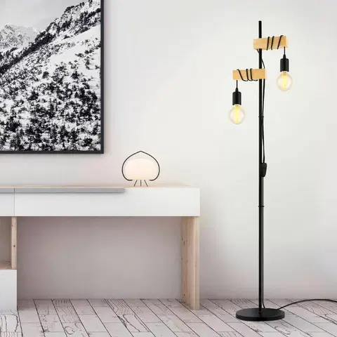 Stojacie lampy EGLO Stojaca lampa Townshend 2-pl., čierna/svetlé drevo
