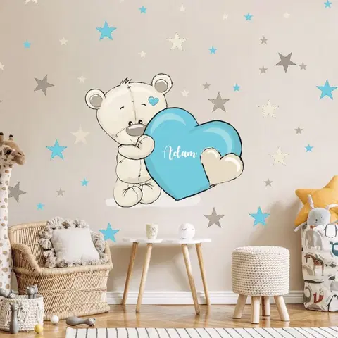 Nálepky na stenu Nálepka do detskej izby - Medvedík s hviezdami v tyrkysovej farbe