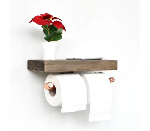 Nástenné police  Držiak toaletného papiera s policou BORU 12x30 cm smrek/medená 