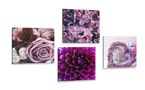 Zostavy obrazov Set obrazov fialové kvety so srdiečkom