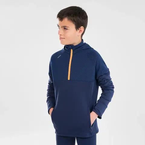 bežecké oblečenie Detské hrejivé bežecké tričko Kiprun Warm+ 500 s dlhým rukávom tmavomodro-oranžové