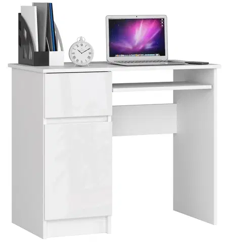 Písacie stoly Dizajnový písací stôl PIXEL90L, biely / biely lesk