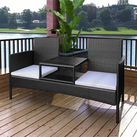 Záhradné lavice Polyratanový dvojsedačková lavička s čajovým stolíkom čierna