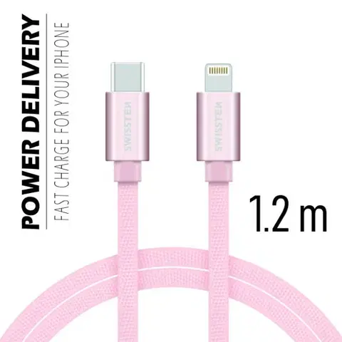 USB káble Dátový kábel Swissten textilný s USB-C, Lightning konektormi a podporou rýchlonabíjania, ružovozlatý 71525205