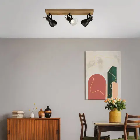 Bodové svetlá Briloner Stropné bodové svietidlo Arbo s dreveným prvkom, trojplameňové