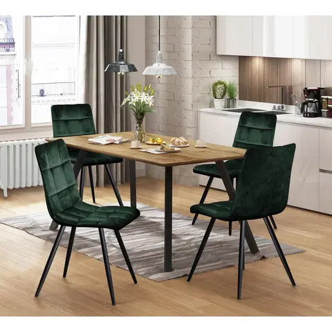 Jedálenské sety Jedálenský stôl BERGEN dub + 4 stoličky BERGEN zelený zamat