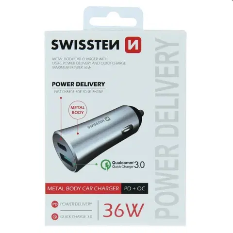Nabíjačky pre mobilné telefóny Autonabíjačka Swissten s podporou Power Delivery USB-C a Qualcomm 3.0, 36 W, matná strieborná 20111640