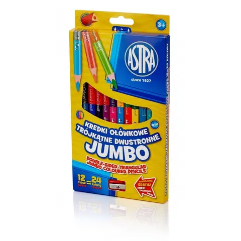 Hračky ASTRA - Obojstranné trojhranné farbičky JUMBO 12ks/24farieb + strúhadlo, 312118001