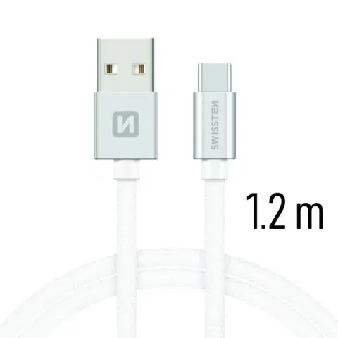 Dáta príslušenstvo Dátový kábel Swissten textilný s USB-C konektorom a podporou rýchlonabíjania, Silver 71521203