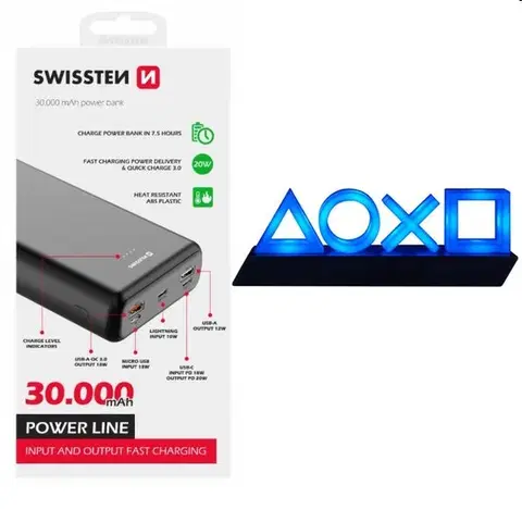 Powerbanky Swissten Power Line powerbanka 30000 mAh 20 W, PD, čierna a Playstation 5 Icons Light USB