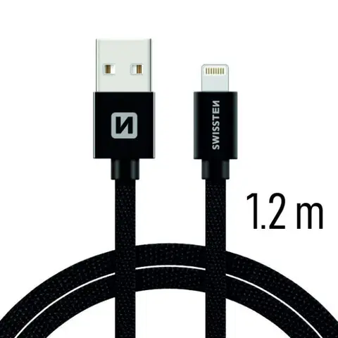 USB káble Dátový kábel Swissten textilný s Lightning konektorom a podporou rýchlonabíjania, Black 71523201