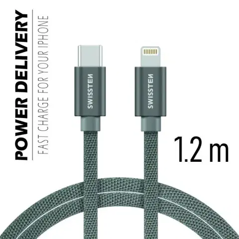 Dáta príslušenstvo Dátový kábel Swissten textilný s USB-C + Lightning konektormi a podporou rýchlonabíjania, Grey 71525202