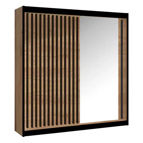 Šatníkové skrine Skriňa s posuvnými dverami, dub craft/čierna, 203x215 cm, LADDER