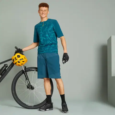 nohavice Pánske krátke nohavice EXPL 500 na horskú cyklistiku modro-zelené