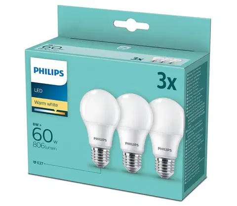 LED osvetlenie Philips SADA 3x LED Žiarovka Philips A60 E27/8W/230V 2700K 