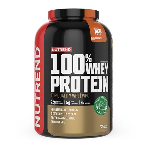 Proteíny Práškový koncentrát Nutrend 100% WHEY Protein 2250g karamelové latté