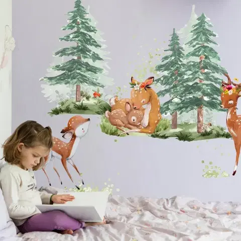 Nálepky na stenu Textilná a prelepiteľná nálepka - Srnčia rodinka v lese - nálepky na stenu