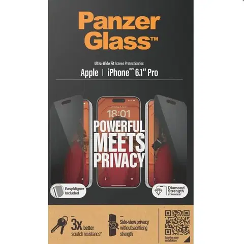 Ochranné fólie pre mobilné telefóny Ochranné sklo PanzerGlass UWF Privacy s aplikátorom pre Apple iPhone 15 Pro, čierna P2810