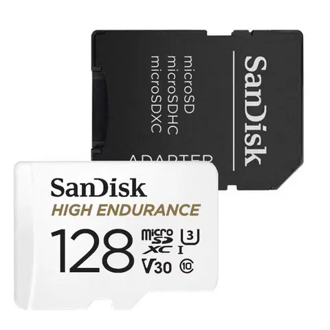 Pamäťové karty SanDisk Micro SDXC High Endurance 128GB + SD adaptér, UHS-I U3 V30, Class 10 - rýchlosť 100/40 MB/s (SDSQQNR-128G-GN6IA)