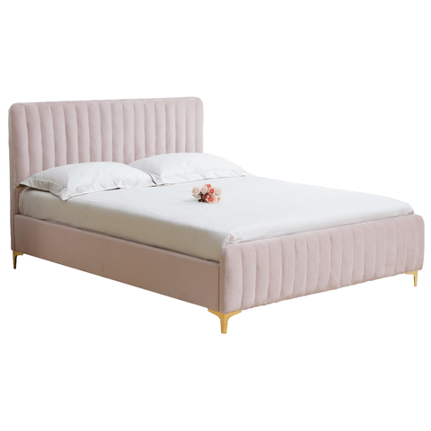 Postele KONDELA Kaisa čalúnená manželská posteľ s roštom ružová / zlatá matná
