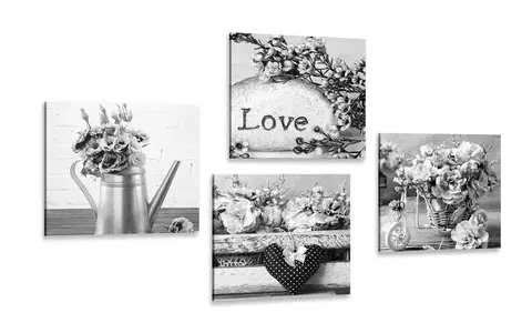 Zostavy obrazov Set obrazov romantické vintage zátišie v čiernobielom