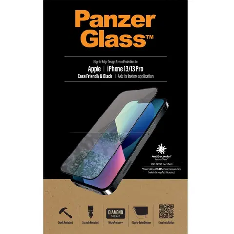 Tvrdené sklá pre mobilné telefóny Ochranné temperované sklo PanzerGlass Case Friendly pre Apple iPhone 13/13 Pro, čierne PRO2745