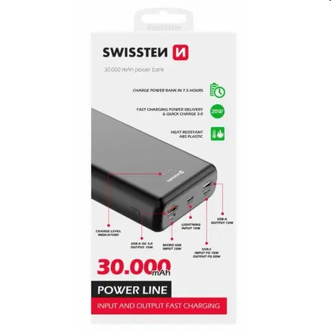 Powerbanky Swissten Power Line powerbanka 30000 mAh 20 W, PD, čierna 22013914