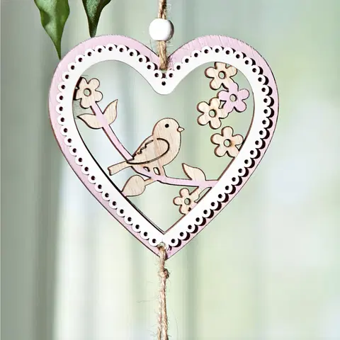 Drobné dekorácie a doplnky Závesná dekorácia srdce s vtáčikom