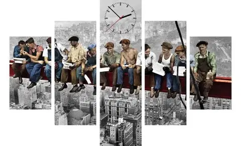 Hodiny 5-dielny obraz s hodinami,NY Robotníci, 100x70cm