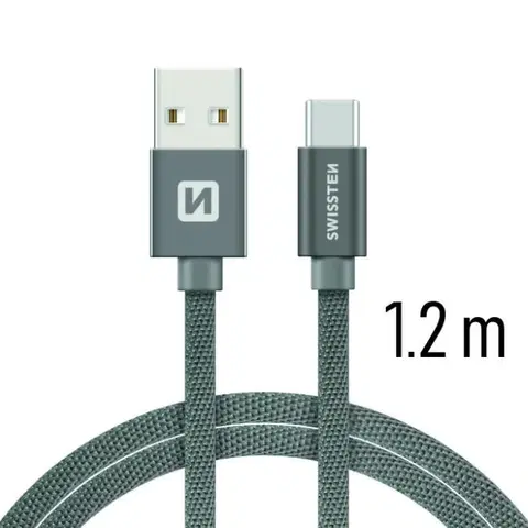 Dáta príslušenstvo Dátový kábel Swissten textilný s USB-C konektorom a podporou rýchlonabíjania, Grey 71521202