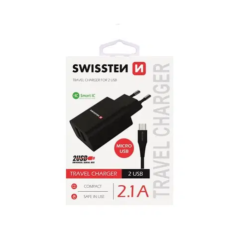Nabíjačky pre mobilné telefóny Nabíjačka Swissten Smart IC 2.1A s 2 USB konektormi a dátovým káblom USB/Micro USB, 1,2m, čierna 22052000