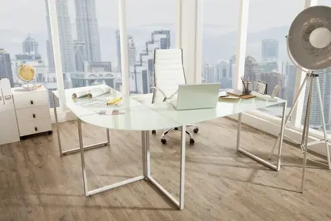 Písacie stoly LuxD Rohový písací stôl Atelier sklo / biely